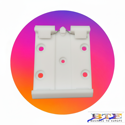 Weißer Hutschienenclip (DIN-Rail Clip) aus Kunststoff mit Metallfeder und 5 Befestigungslöchern.