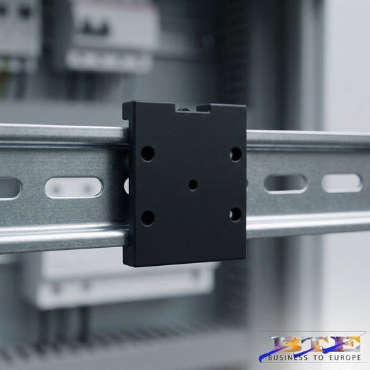 Schwarzer, Hutschienen-Montageclip von BTE Deutschland, montiert auf einer DIN-Schiene TH35. Das Bild zeigt die glatte, flache Oberseite mit exakt fünf präzisen Befestigungslöchern (2 links, 2 rechts, 1 mittig). Professionelle Nahaufnahme aus einem Schaltschrank.