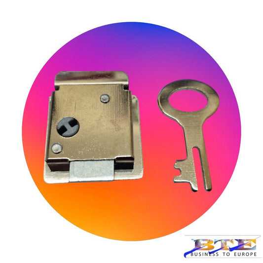 Eckiges Spardosenschloss 30x30mm aus vernickeltem Metall, Rückansicht der Verriegelungsmechanik, von BTE Deutschland.