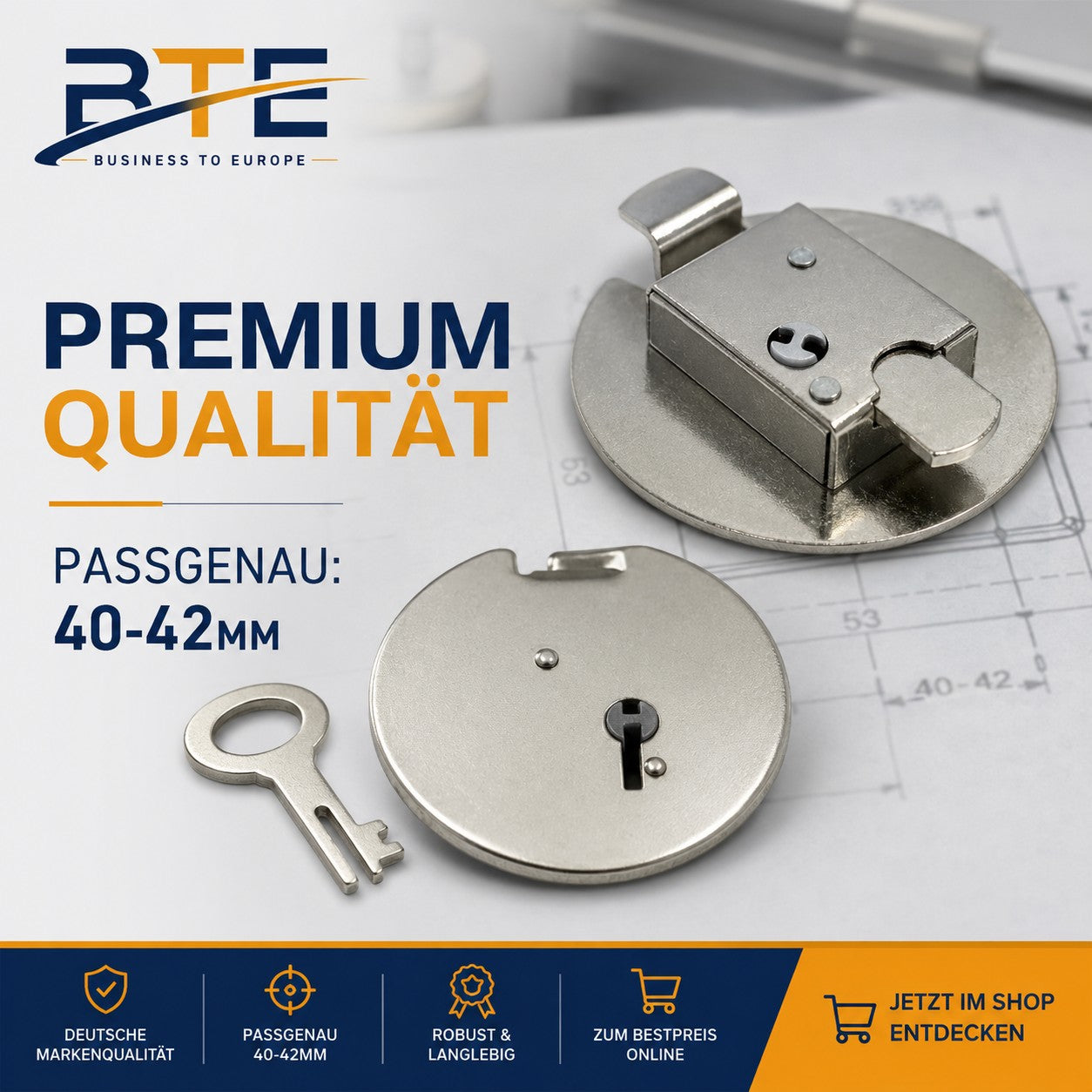 Premium Spardosenschloss 53mm von BTE Deutschland für 40-42mm Lochmaß | Metall Ersatzschloss vernickelt | Deggendorf Bayern