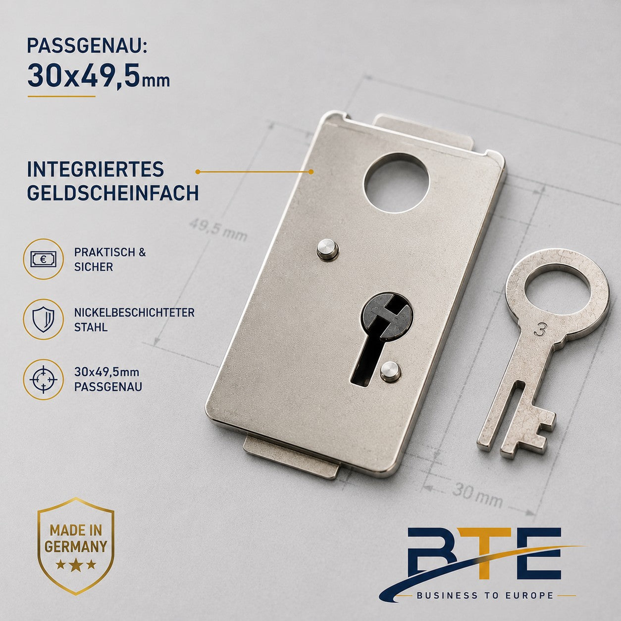 BTE Deutschland Premium Spardosenschloss eckig 30x49,5mm mit Geldscheinfach aus vernickeltem Metall – Robustes Ersatzschloss für 26x39mm Lochmaß.