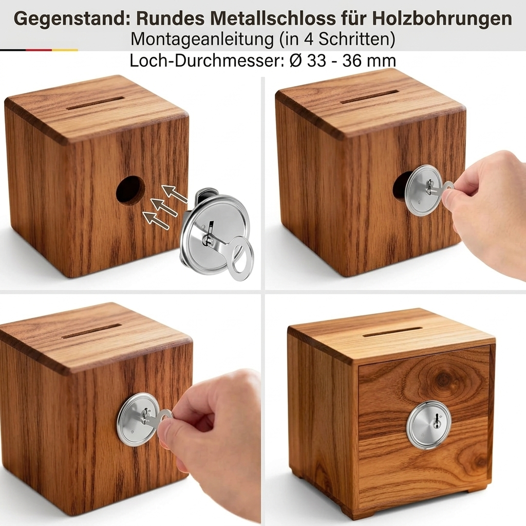 Montageanleitung in 4 Schritten für ein rundes Metallschloss beim Einbau in eine Holz-Spardose. Geeignet für Loch-Durchmesser von 33 bis 36 mm. Hochwertiges Möbelschloss von BTE Deutschland.