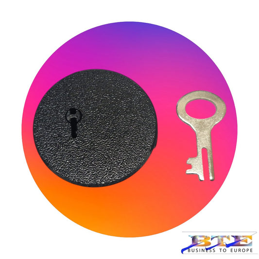 Schwarzes Spardosenschloss 48mm mit silbernem Flachschlüssel – Set von BTE Deutschland.
