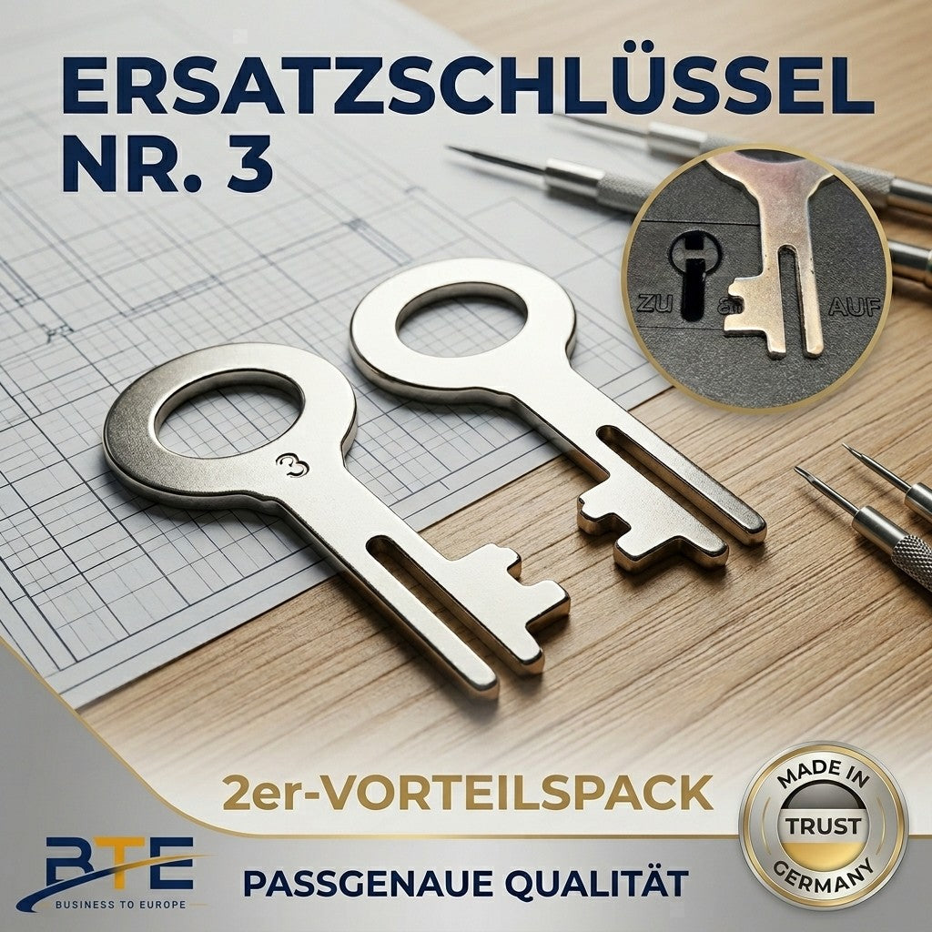 Zwei BTE Deutschland Ersatzschlüssel Spardose Nr. 3 aus vernickeltem Stahl – Passgenaues 2er-Set für Bank-Sparbüchsen aus Deggendorf, Bayern