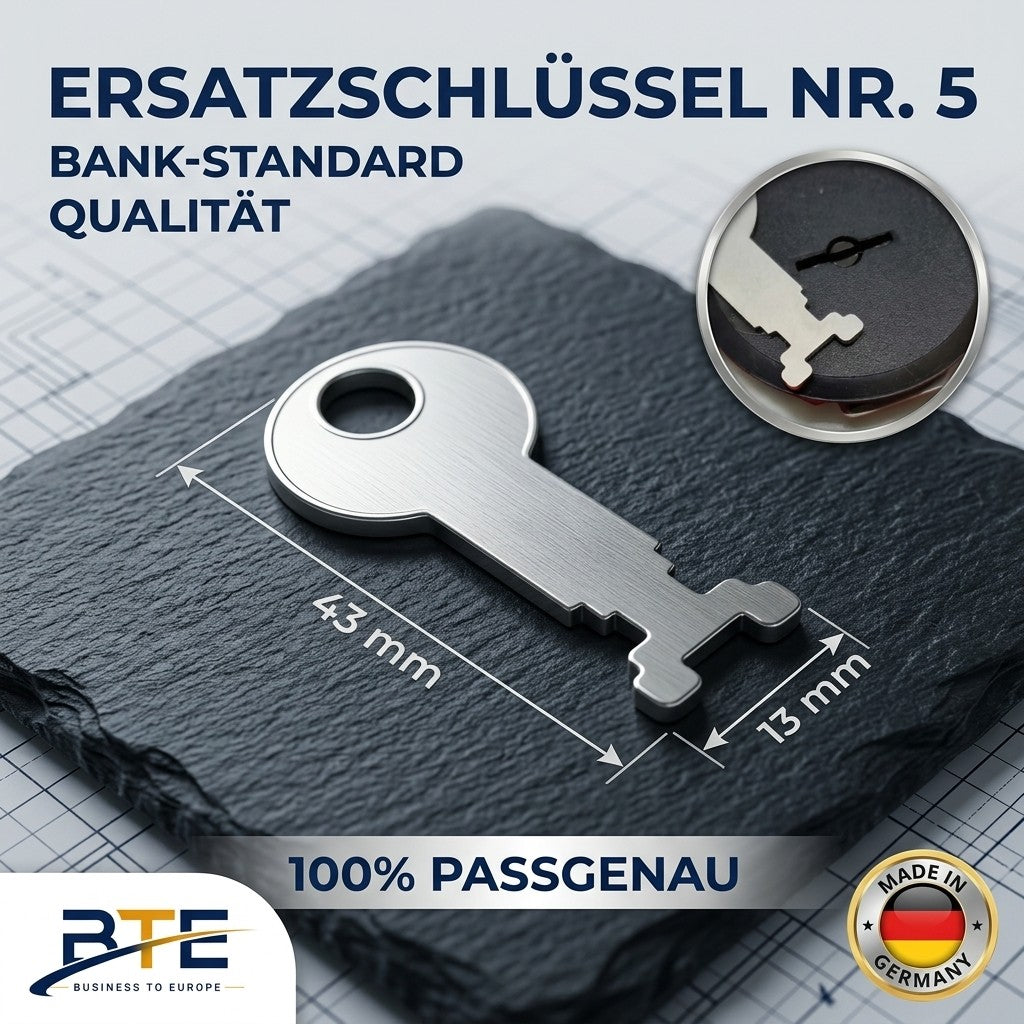 BTE Deutschland Ersatzschlüssel Nr. 5 aus vernickeltem Metall für Bank-Spardosen von Sparkasse und Commerzbank, technische Präzision mit 43mm Länge und 13mm Bartbreite, Made in Germany Qualität