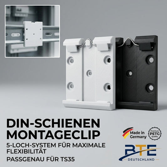BTE Deutschland Profi DIN-Schienen Montageclip TS35 aus hochfestem PETG für industrielle Elektroinstallation Deggendorf Bayern