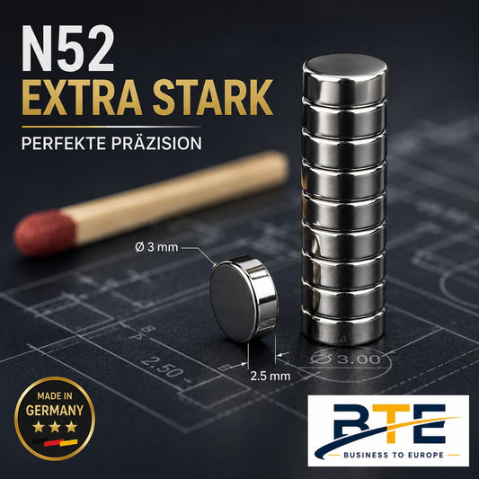BTE Deutschland Premium N52 Neodym-Magnet Ø 3mm x 2,5mm extra stark - Silber vernickelte magnetscheiben für Modellbau, Tabletop-Miniaturen und IKEA SKÅDIS Zubehör - Geprüfte technische Präzision Made in Germany Deggendorf Bayern