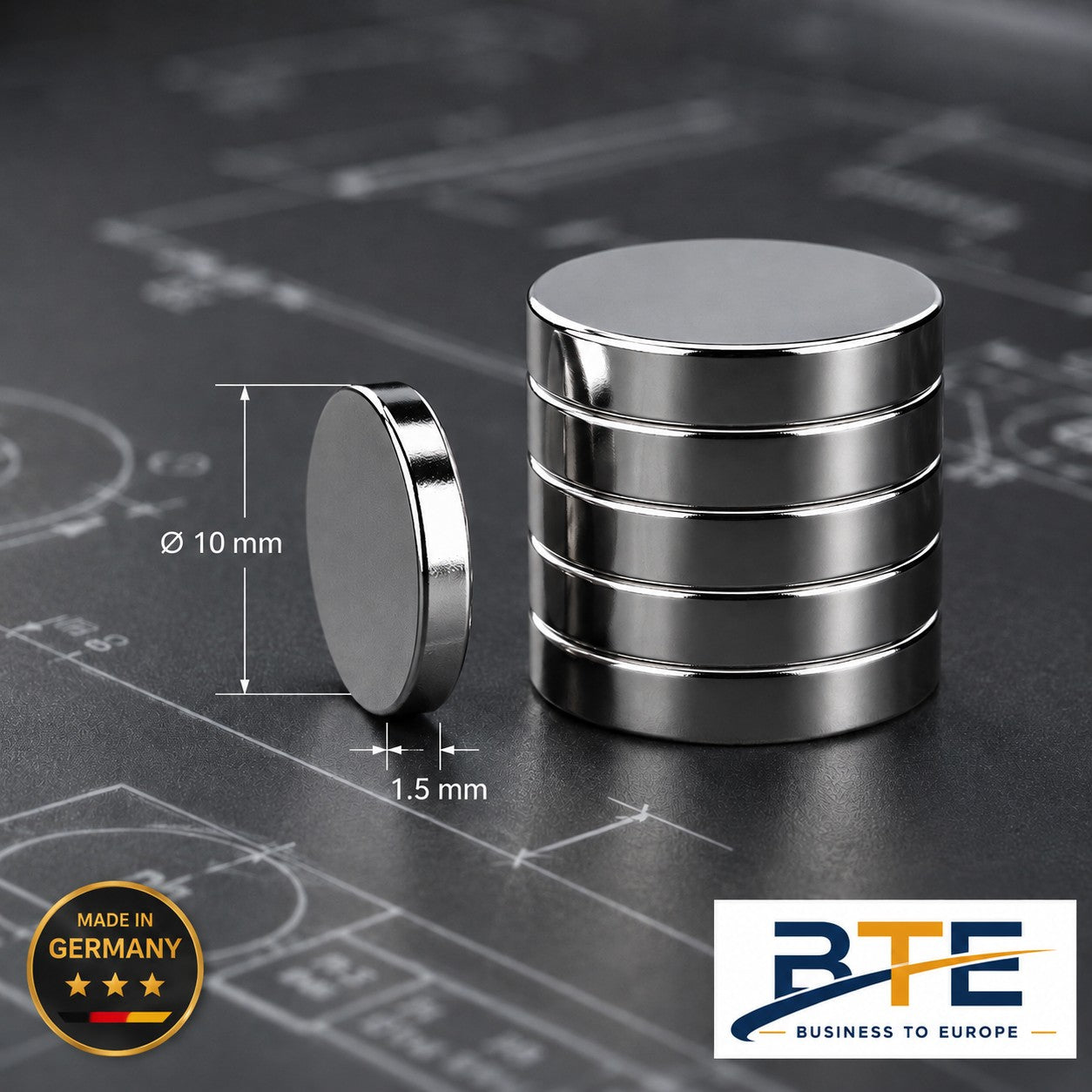 BTE Deutschland Premium N52 Neodym-Magnet Ø 10mm x 1,5mm ultraflach & extra stark - Ni-Cu-Ni Korrosionsschutz für Möbelbau, Modellbau und IKEA SKÅDIS Zubehör - Qualität Made in Germany Deggendorf Bayern
