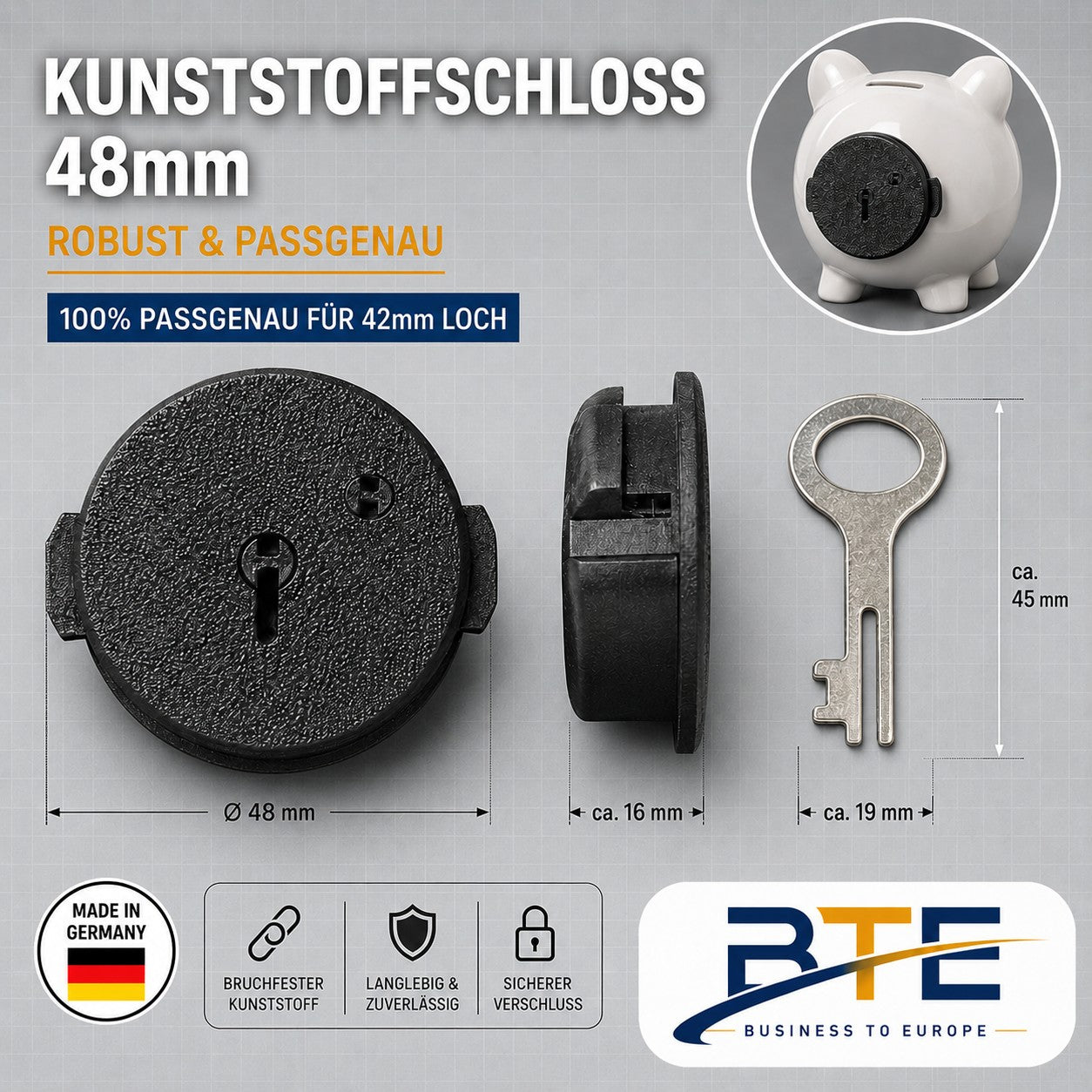 BTE Deutschland Premium Spardosenschloss Kunststoff 48mm schwarz für 42mm Lochmaß – Robustes Ersatzschloss Made in Germany für Keramik- und Holzspardosen.