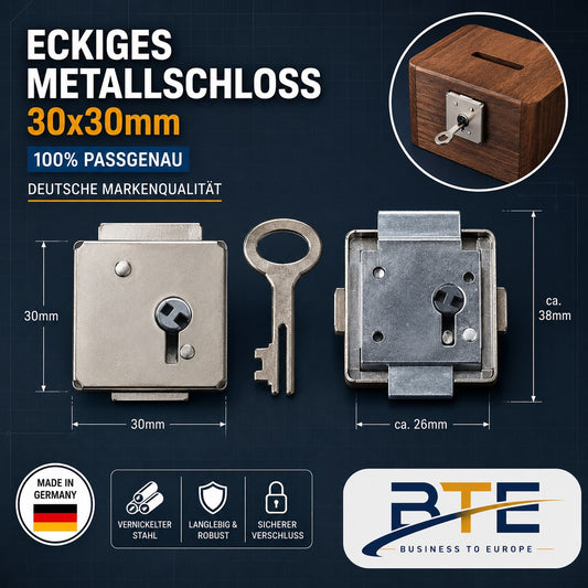 BTE Deutschland Premium Spardosenschloss Eckig 30x30mm aus vernickeltem Metall-Spritzguss - Präzisions-Ersatzschloss für quadratische 26mm Bodenöffnungen - Geprüfte Industriequalität Made in Germany Deggendorf Bayern
