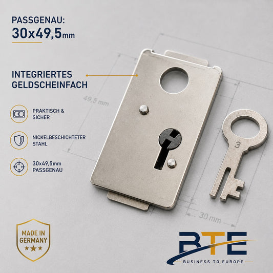 BTE Deutschland Premium Spardosenschloss eckig 30x49,5mm mit Geldscheinfach aus vernickeltem Metall – Robustes Ersatzschloss für 26x39mm Lochmaß.