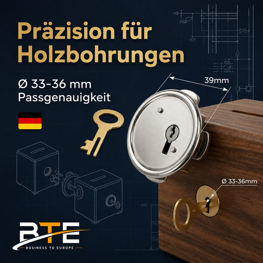 BTE Deutschland Spardosenschloss 39mm Zinkdruckguss für präzise Holzbohrungen Ø 33-36 mm – Premium Ersatzschloss aus Deggendorf Bayern – Qualität Made in Germany