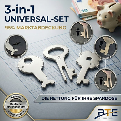 BTE Deutschland 3-in-1 Universal Ersatzschlüssel-Set für Spardosen mit 95% Marktabdeckung – Metall-Schlüssel passend für Sparkasse und Volksbank, Qualität aus Bayern