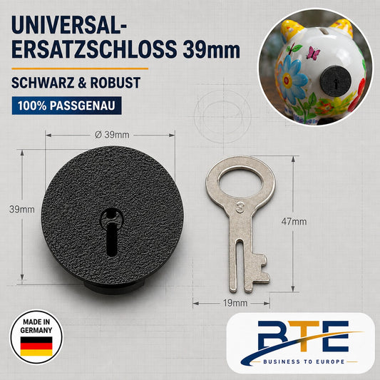 BTE Deutschland Premium Spardosenschloss schwarz 39mm für 34-37mm Lochmaß – Robustes Universal-Ersatzschloss Made in Germany für Keramik- und Porzellanspardosen.