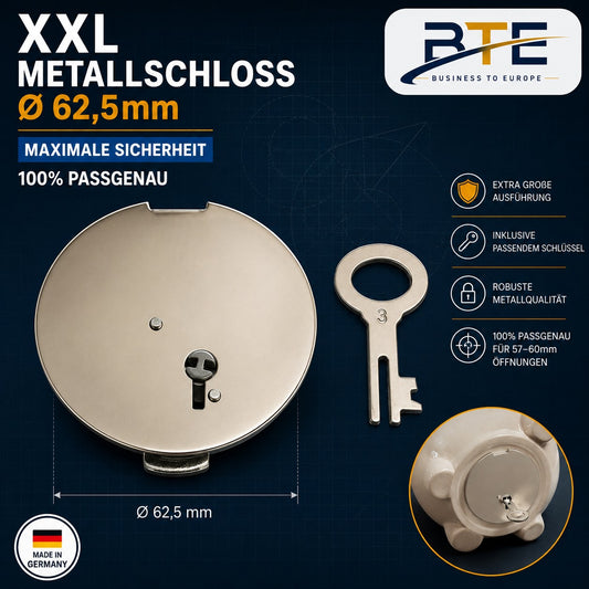 BTE Deutschland XXL Spardosenschloss Metall Ø 62,5mm für 57-60mm Lochgröße - Präzision aus Deggendorf