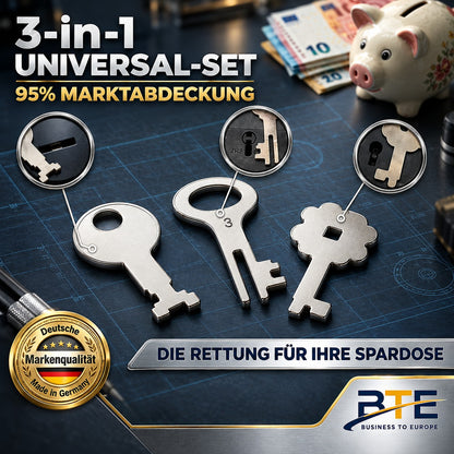 Spardose öffnen ohne Schlüssel verloren: BTE 3-in-1 Universal Ersatzschlüssel-Set für Sparkasse, Volksbank & Sparschwein – 95% Marktabdeckung, passend für Schloss Nr. 3, Nr. 5 & Kleeblattform.