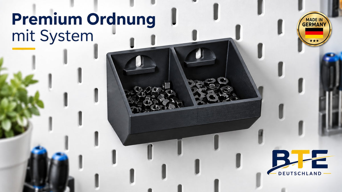 Skadis Fach Schwarz als Werkzeug Organizer Lochwand. Hochwertige Skadis Kleinteile Box aus PETG, ideal als Pegboard Bin Germany. Skadis Zubehör Werkstatt für Schraubenaufbewahrung.