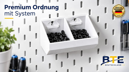 BTE Skadis Ablage PETG als Premium Werkstatt Ordnung mit System. Skadis Zubehör Deutschland, Made in Germany, 100% passgenau für IKEA Skadis Lochwand Ablage Weiß.