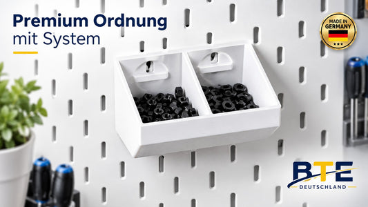 BTE Skadis Ablage PETG als Premium Werkstatt Ordnung mit System. Skadis Zubehör Deutschland, Made in Germany, 100% passgenau für IKEA Skadis Lochwand Ablage Weiß.