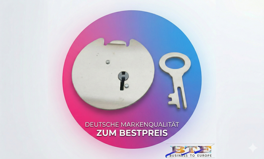 Außenansicht des 53mm Spardosenschlosses in deutscher Markenqualität von BTE Deutschland inklusive Metallschlüssel.