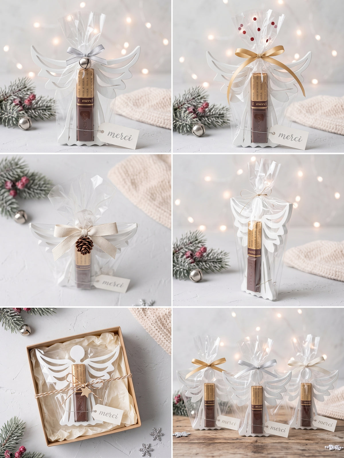 Kreative Geschenkverpackungsideen für den weißen Weihnachtsengel in Folie mit Schleifen und Geschenkkarton, Mitbringsel zu Weihnachten von BTE Deutschland.