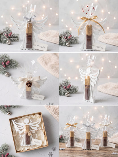Kreative Geschenkverpackungsideen für den weißen Weihnachtsengel in Folie mit Schleifen und Geschenkkarton, Mitbringsel zu Weihnachten von BTE Deutschland.