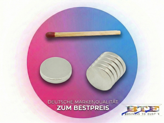 10er Set flache Neodym-Scheibenmagnete von BTE Deutschland, 10 mm Ø und 1,5 mm Dicke, N52 Power-Magneten vernickelt