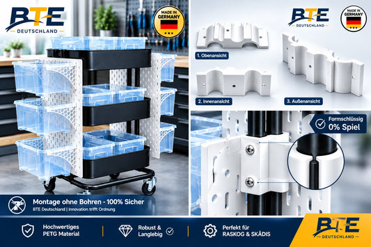 BTE Deutschland RASKOG SKÅDIS Halterung aus PETG Weiß: Ultimativer IKEA Hack ohne Bohren für Werkstatt & Garage. Formschlüssige 2er-Set Montage mit 0% Spiel – Die Nr. 1 Profi-Hardware für maximale Lochwand-Ordnung & Stabilität. Made in Germany.