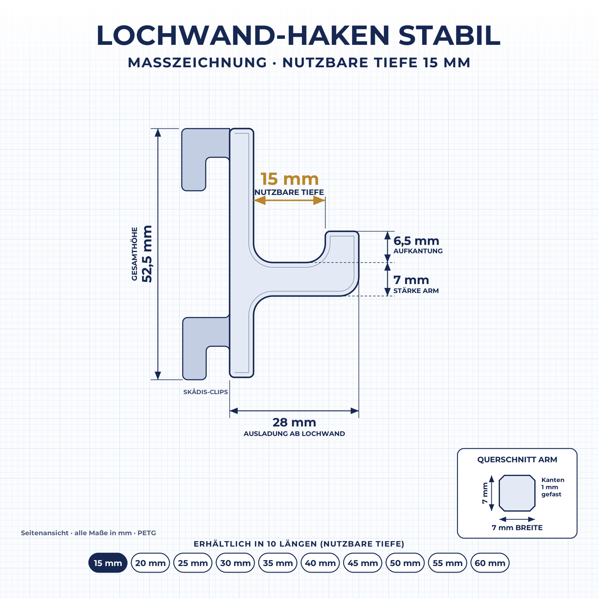 Maßzeichnung Lochwand-Haken STABIL 15 mm: nutzbare Tiefe 15 mm, Ausladung 28 mm, Höhe 52,5 mm, Arm 7 × 7 mm