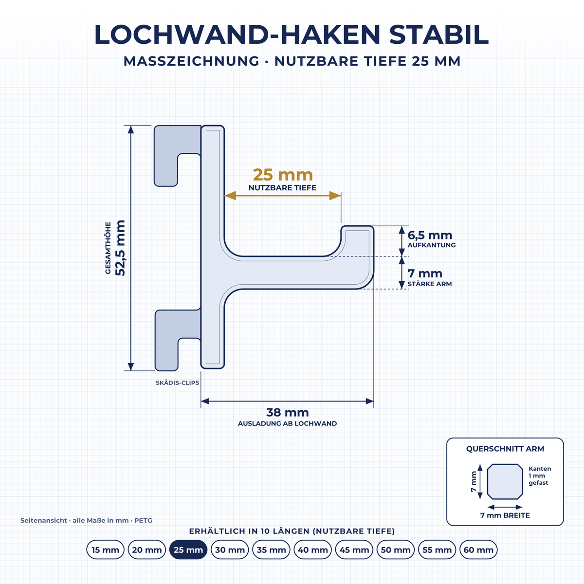 Maßzeichnung Lochwand-Haken STABIL 25 mm: nutzbare Tiefe 25 mm, Ausladung 38 mm, Höhe 52,5 mm, Arm 7 × 7 mm