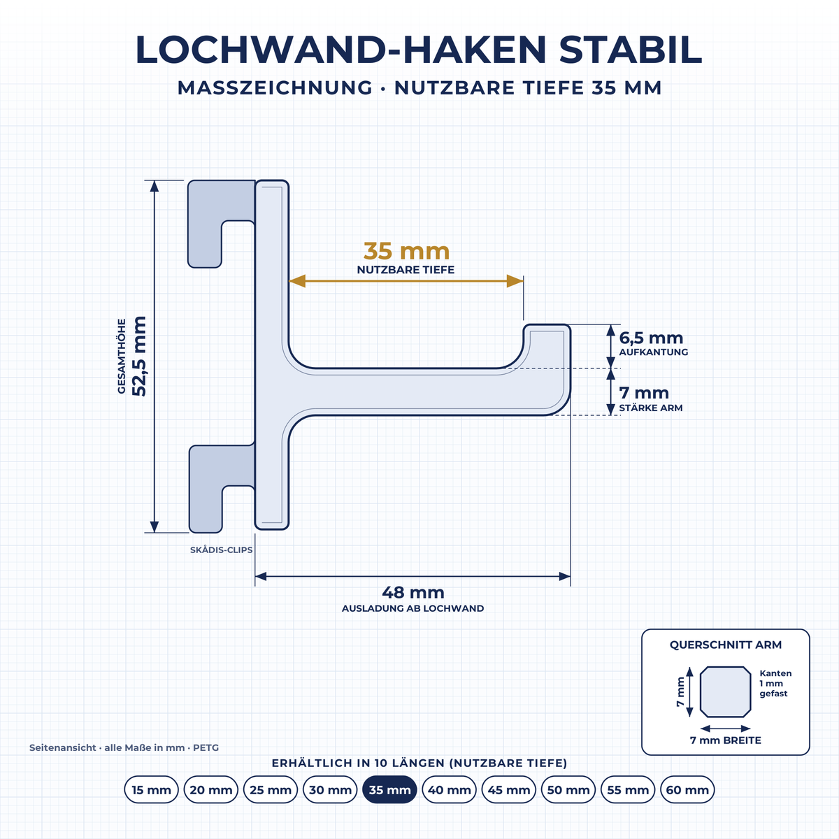 Maßzeichnung Lochwand-Haken STABIL 35 mm: nutzbare Tiefe 35 mm, Ausladung 48 mm, Höhe 52,5 mm, Arm 7 × 7 mm