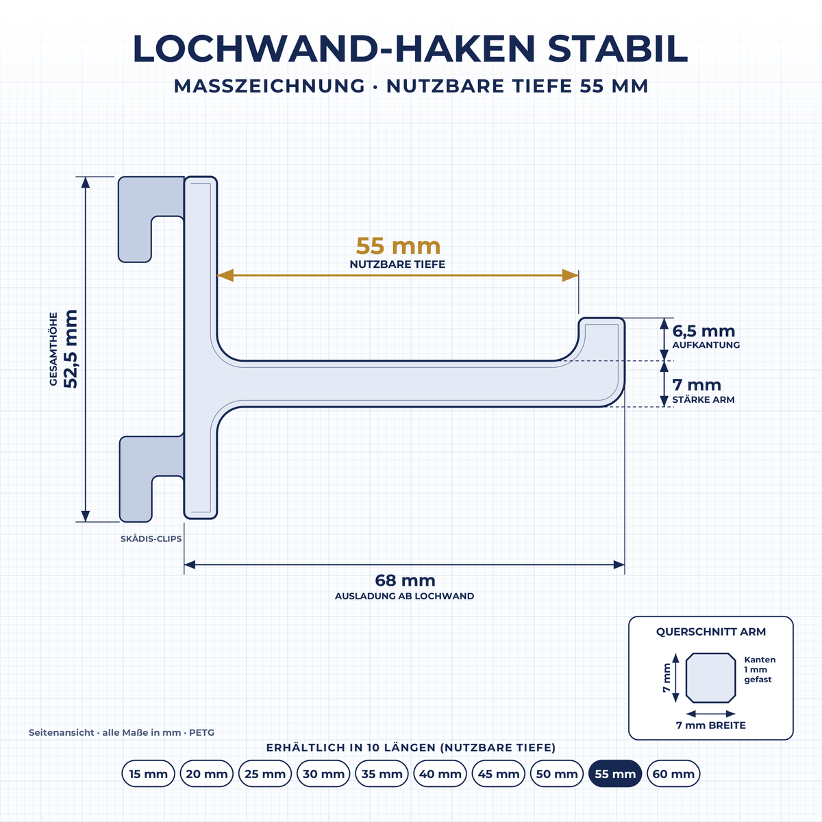 Maßzeichnung Lochwand-Haken STABIL 55 mm: nutzbare Tiefe 55 mm, Ausladung 68 mm, Höhe 52,5 mm, Arm 7 × 7 mm