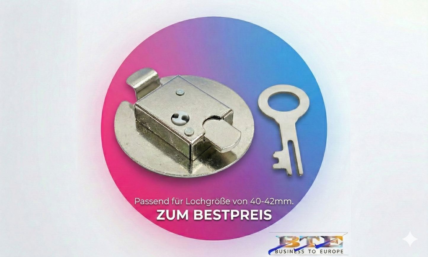 Hochwertiges 53mm Spardosenschloss aus Metall für Lochgrößen von 40-42mm mit Riegelmechanik und passendem Schlüssel von BTE Deutschland
