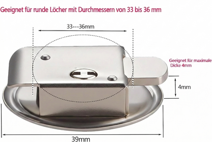 BTE Deutschland Metallschloss für Spardosen und Geldkassetten, passend für 33-36mm Lochdurchmesser, inklusive Maßangaben und technischer Zeichnung.