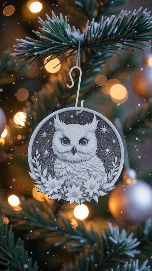 Nahaufnahme des 3D-gedruckten Weihnachtsbaumschmucks "Schneeeule" an einem geschmückten Tannenbaum mit warmen Lichtern.
