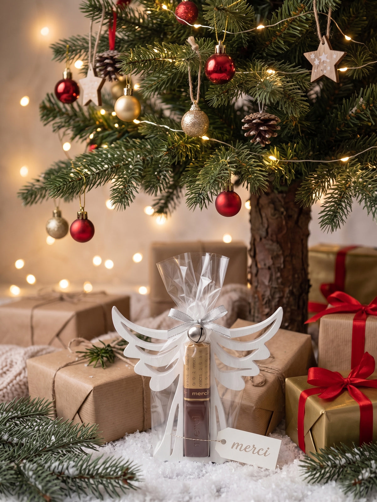 Weihnachtsgeschenk unterm Christbaum: Weißer Engel-Schokoladenhalter in Geschenkfolie, Maße 107x115 mm, hergestellt in Deutschland von BTE Deutschland.