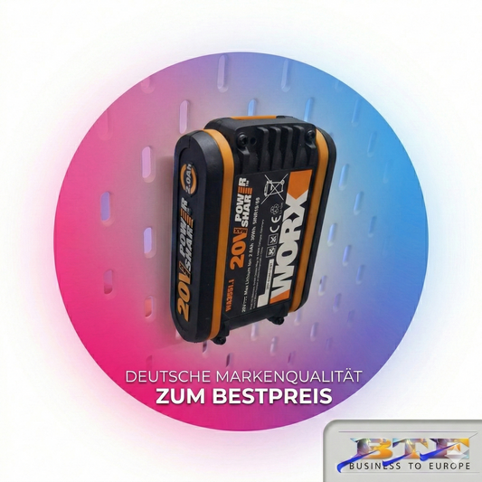 Worx 20V Power Share Akku eingesetzt in der SKÅDIS Halterung von BTE Deutschland.