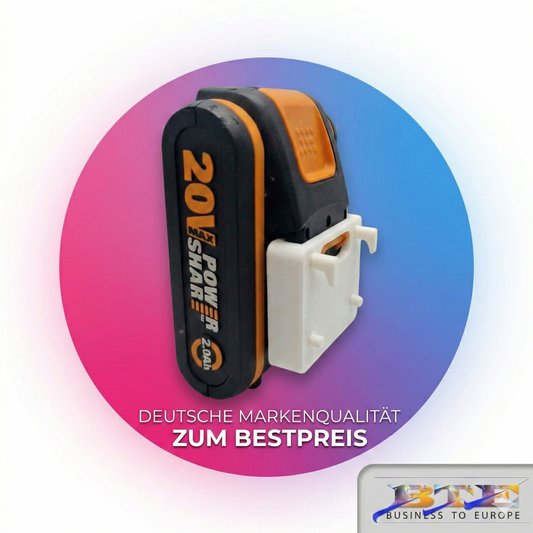 Rückansicht mit Befestigungshaken der Worx Akku-Halterung von BTE Deutschland.